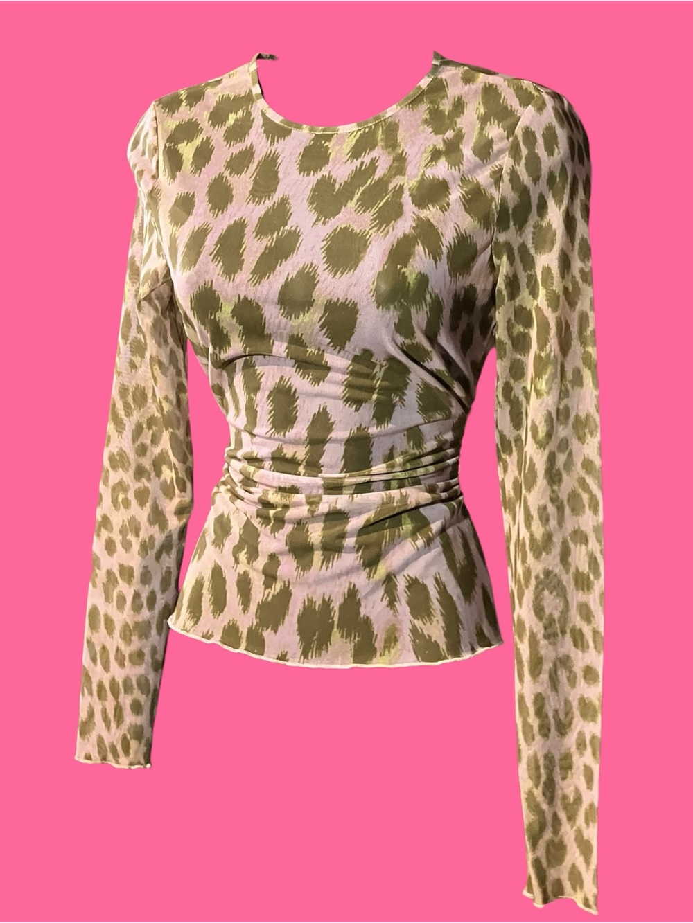 Olive Leopard Print Long-Sleeve Ruched Women’s Top